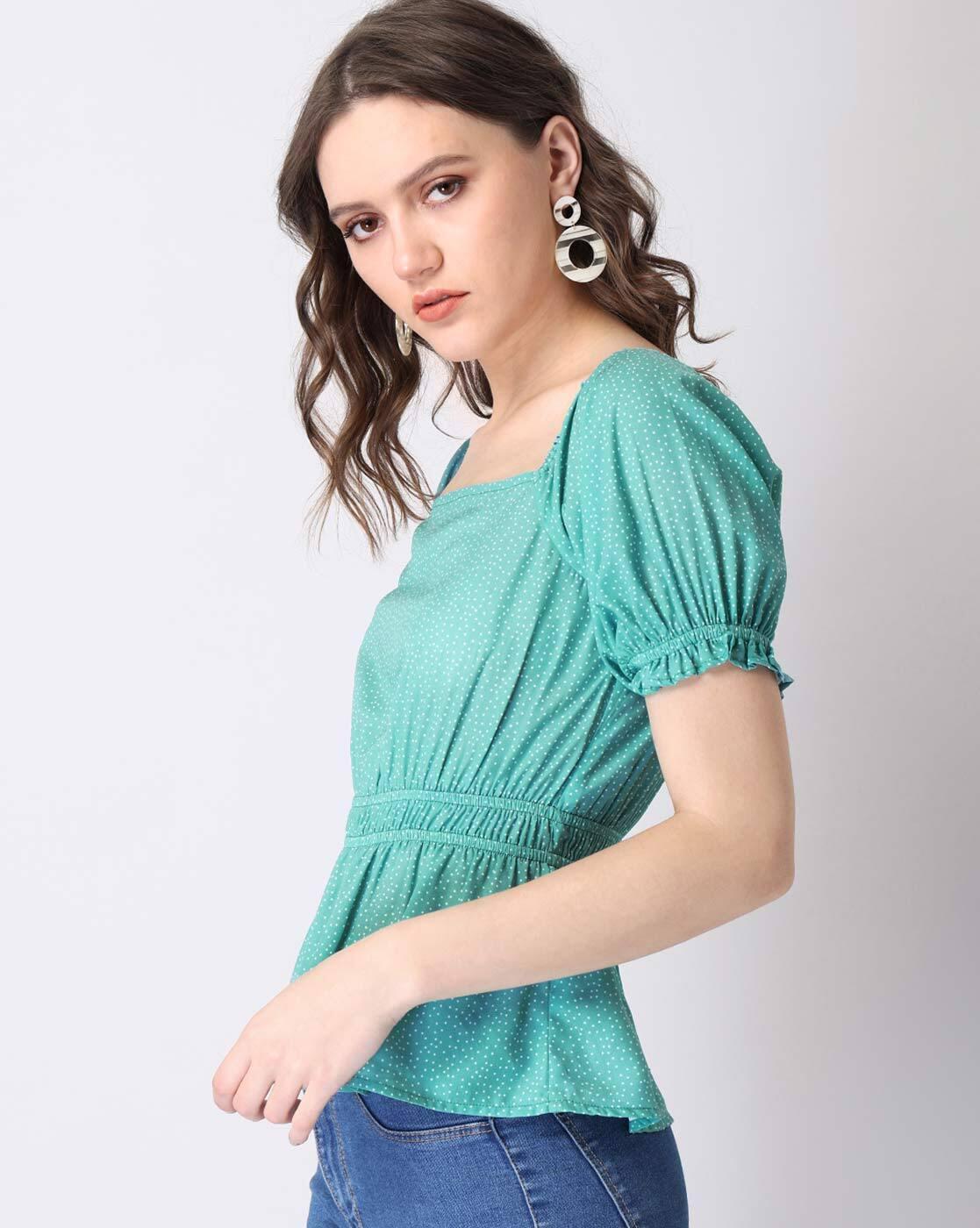 Green Polka Smocked Waist Puff, GREEN, M