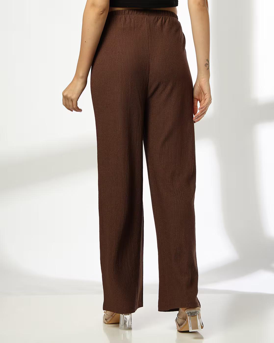 TEXTURED KNIT WIDE LEG TROUSER, BROWN, L