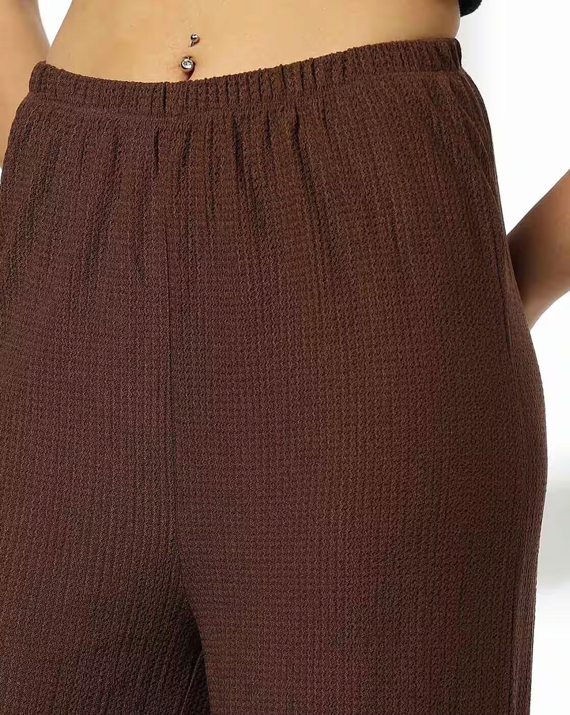 TEXTURED KNIT WIDE LEG TROUSER, BROWN, L