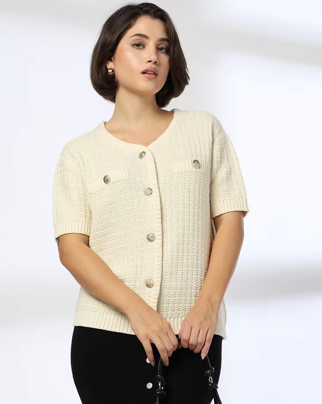 BUTTON DOWN FLAT KNIT TOP, BEIGE