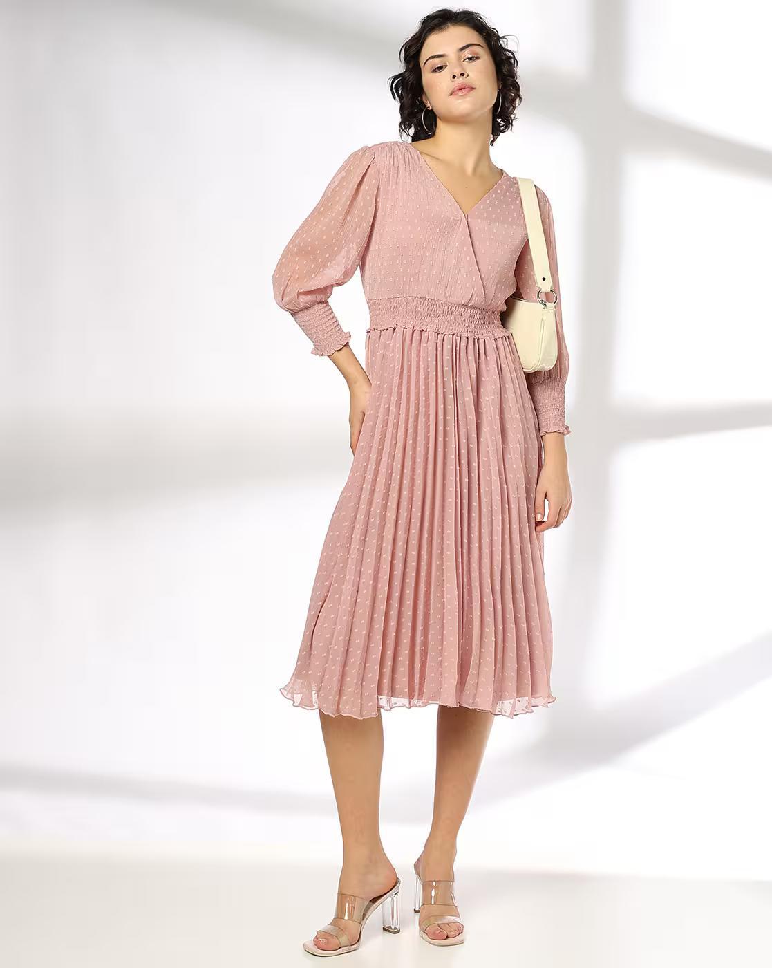 Wrap dress with Smocking detai, PINK