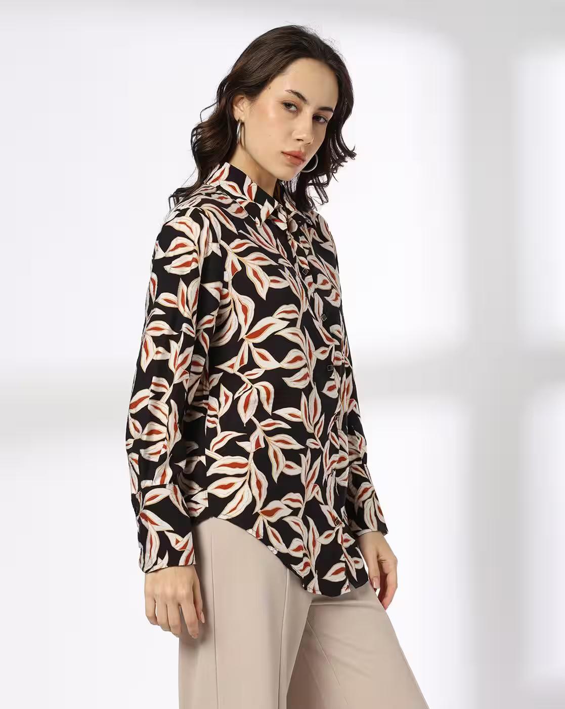 Full sleeve leaf printed shi, BLACK, XXL