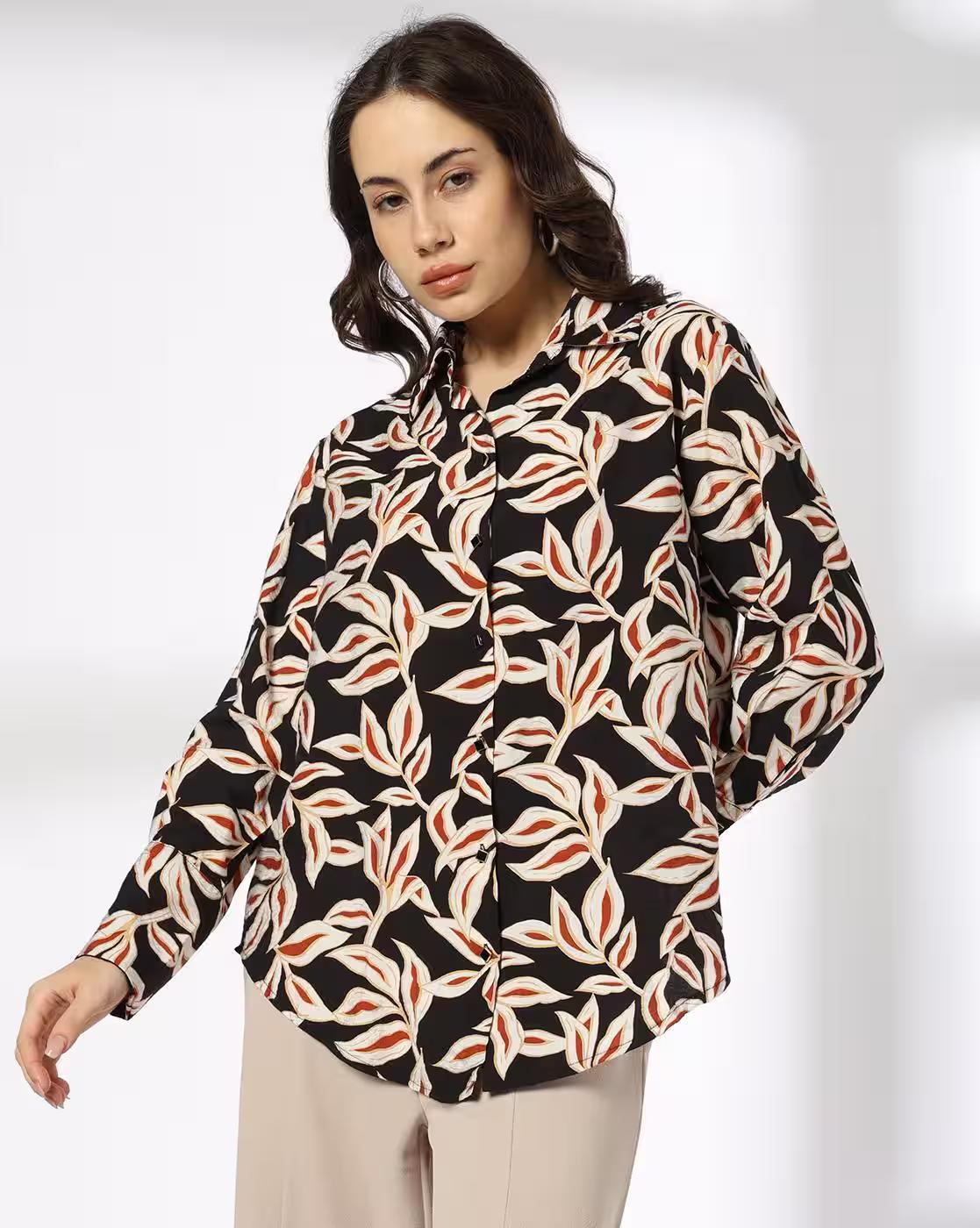Full sleeve leaf printed shi, BLACK, XXL