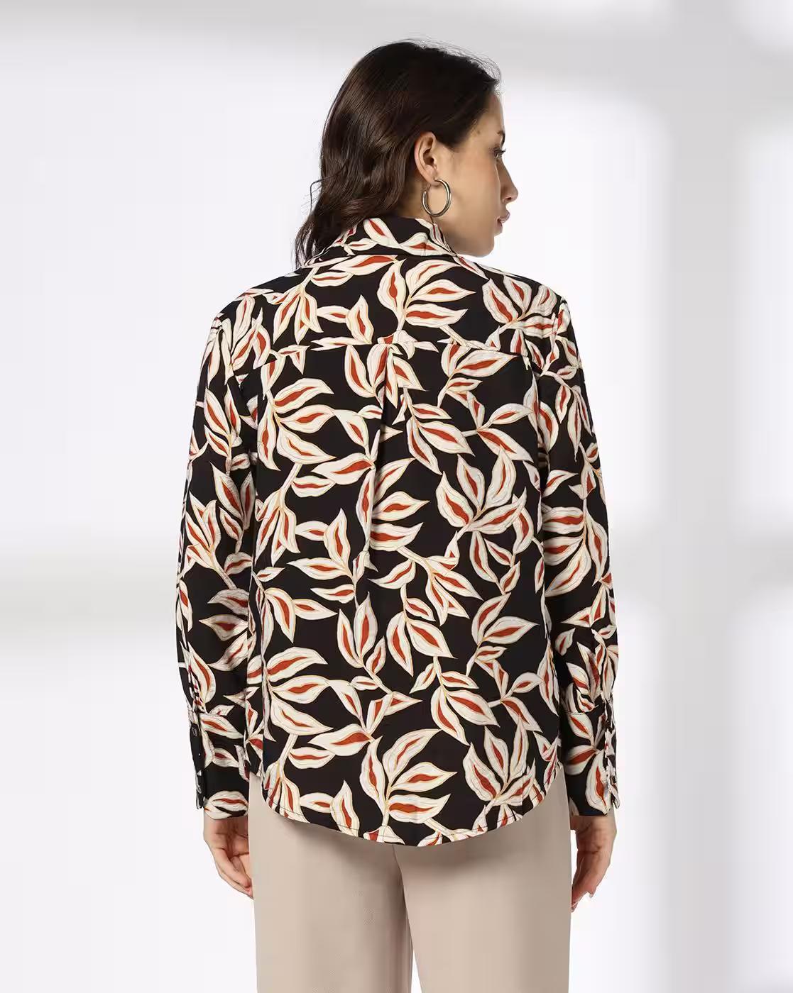 Full sleeve leaf printed shi, BLACK, XXL
