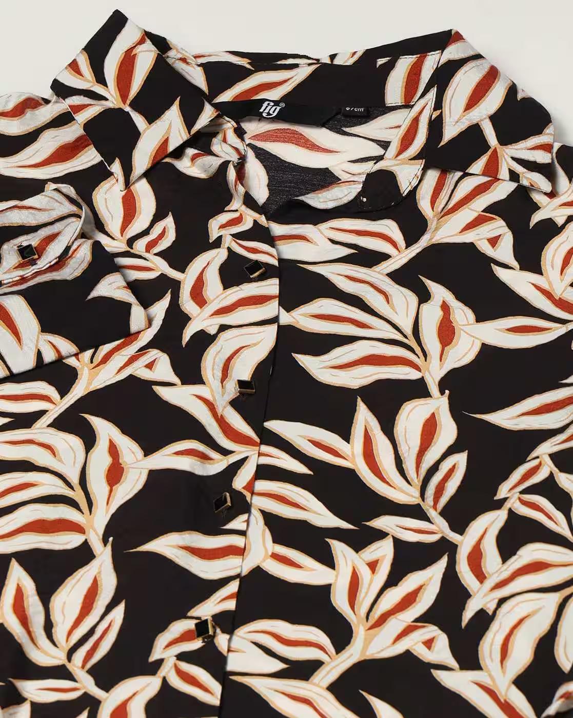 Full sleeve leaf printed shi, BLACK, XXL
