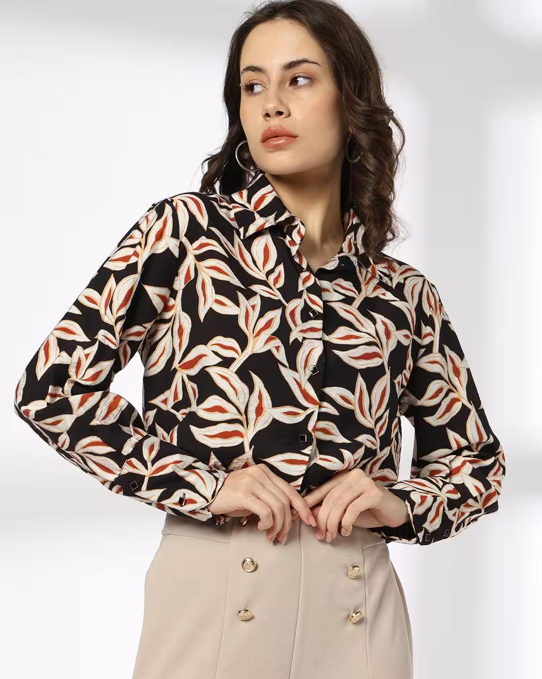 Full sleeve leaf printed shi, BLACK, XXL