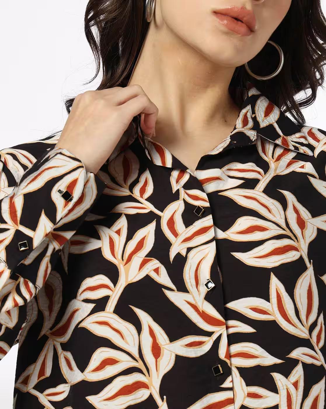 Full sleeve leaf printed shi, BLACK, XXL