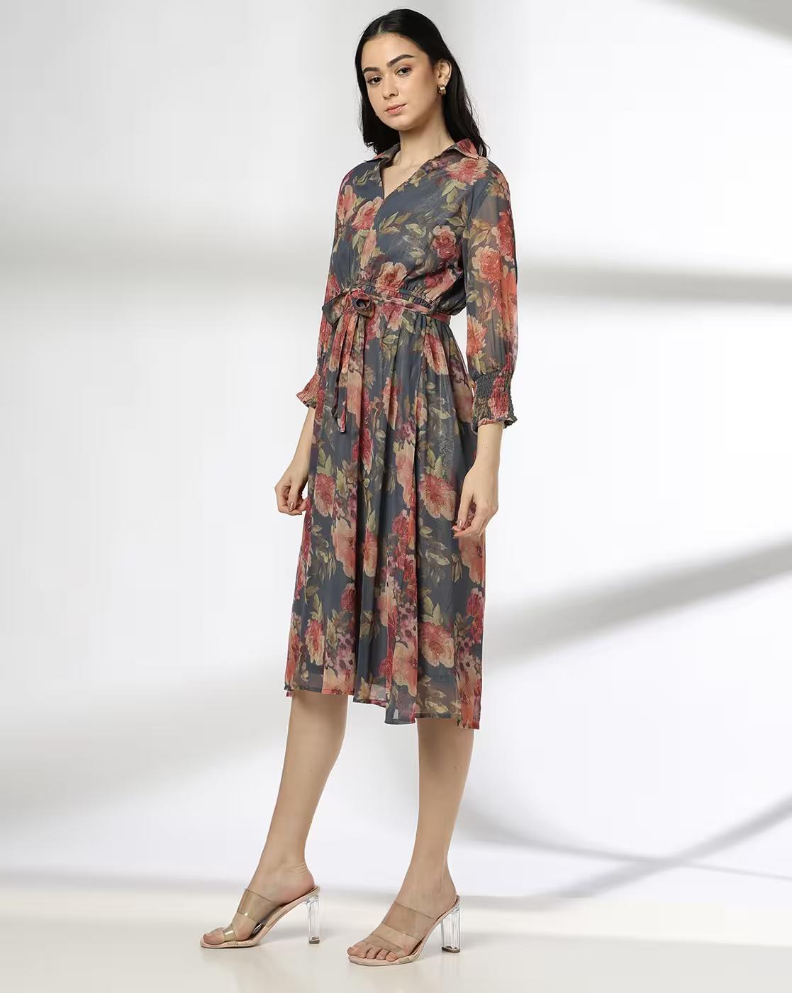 Floral with Foil printed midi d, GREY, S