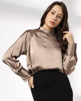 High Neck raglan sleeve top, BEIGE, M