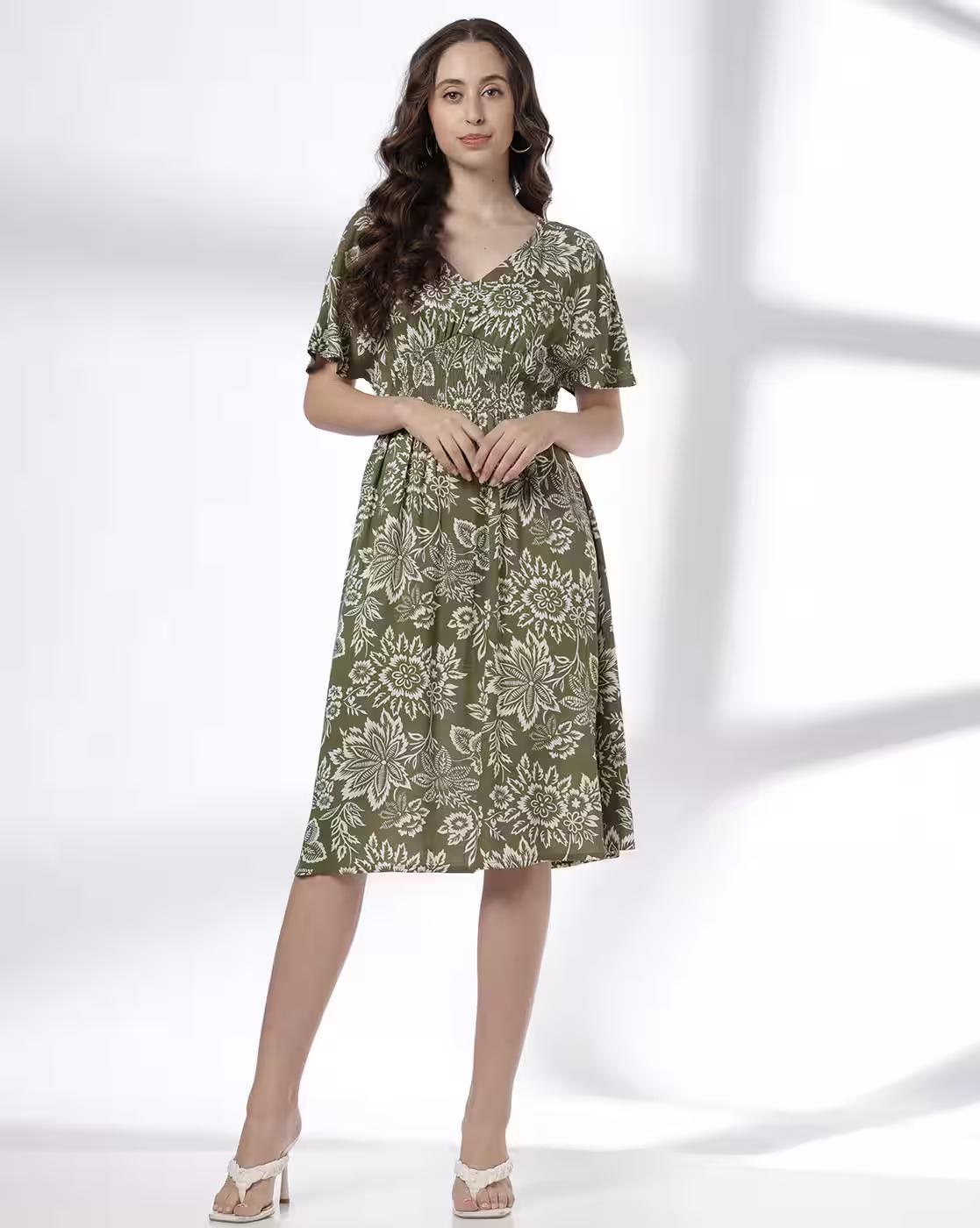 V NECK DROP SHOULDER SMOCK WAI, OLIVE, M