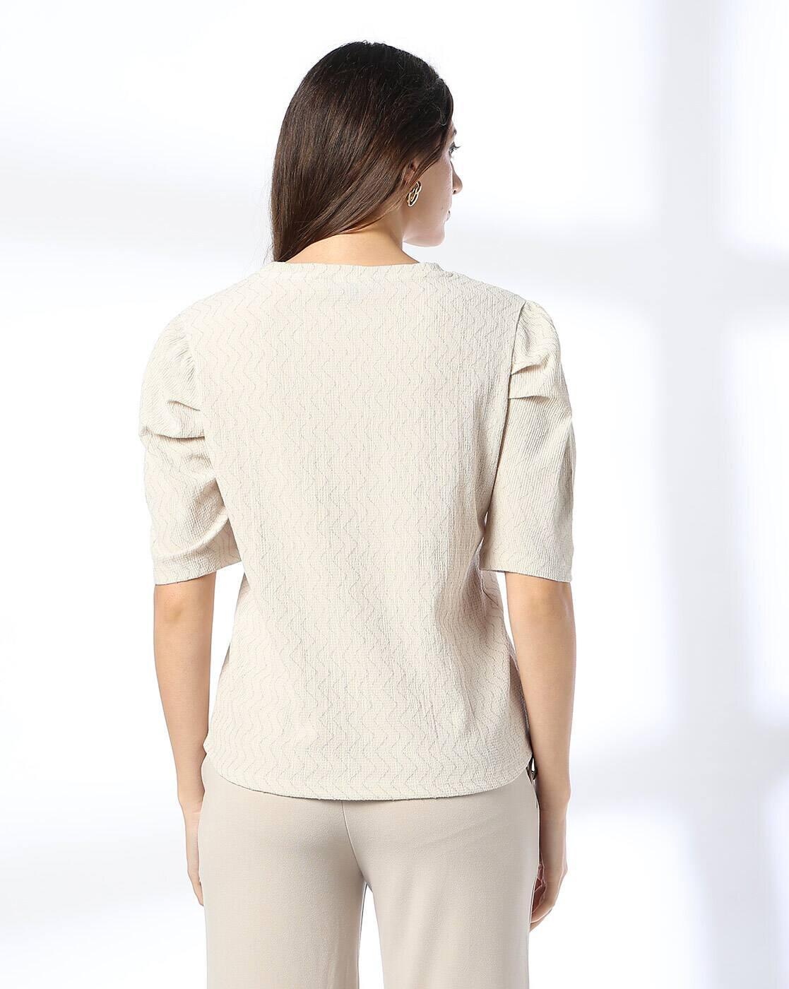 TEXTURED KNIT PUFF SLEEVE TOP, ECRU, M