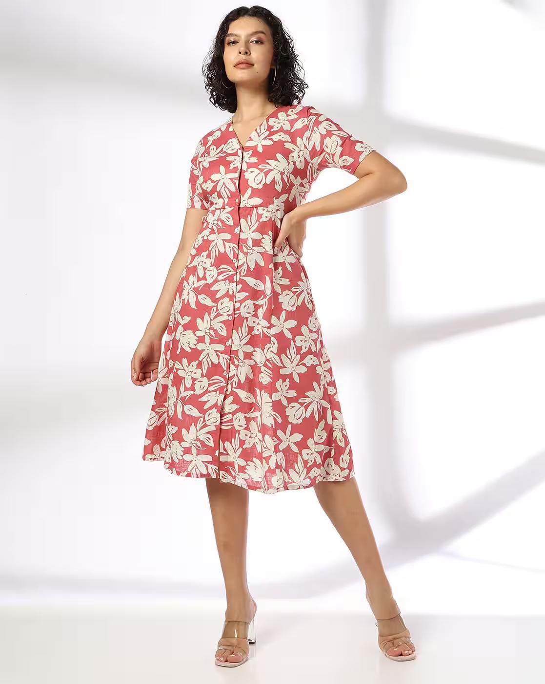 V neck midi tea dress rust, RUST, S