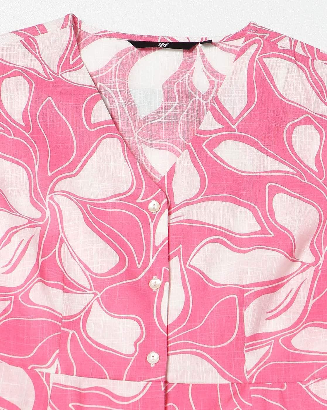V NECK PRINTED DRESS, PINK, XS