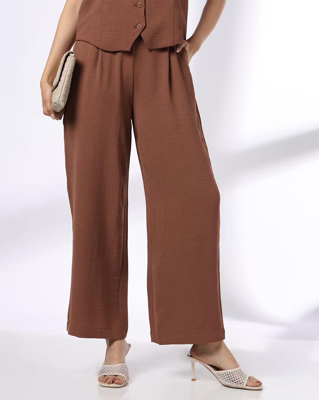 TROUSER WITH PLEATS AT WAIST, BROWN, L