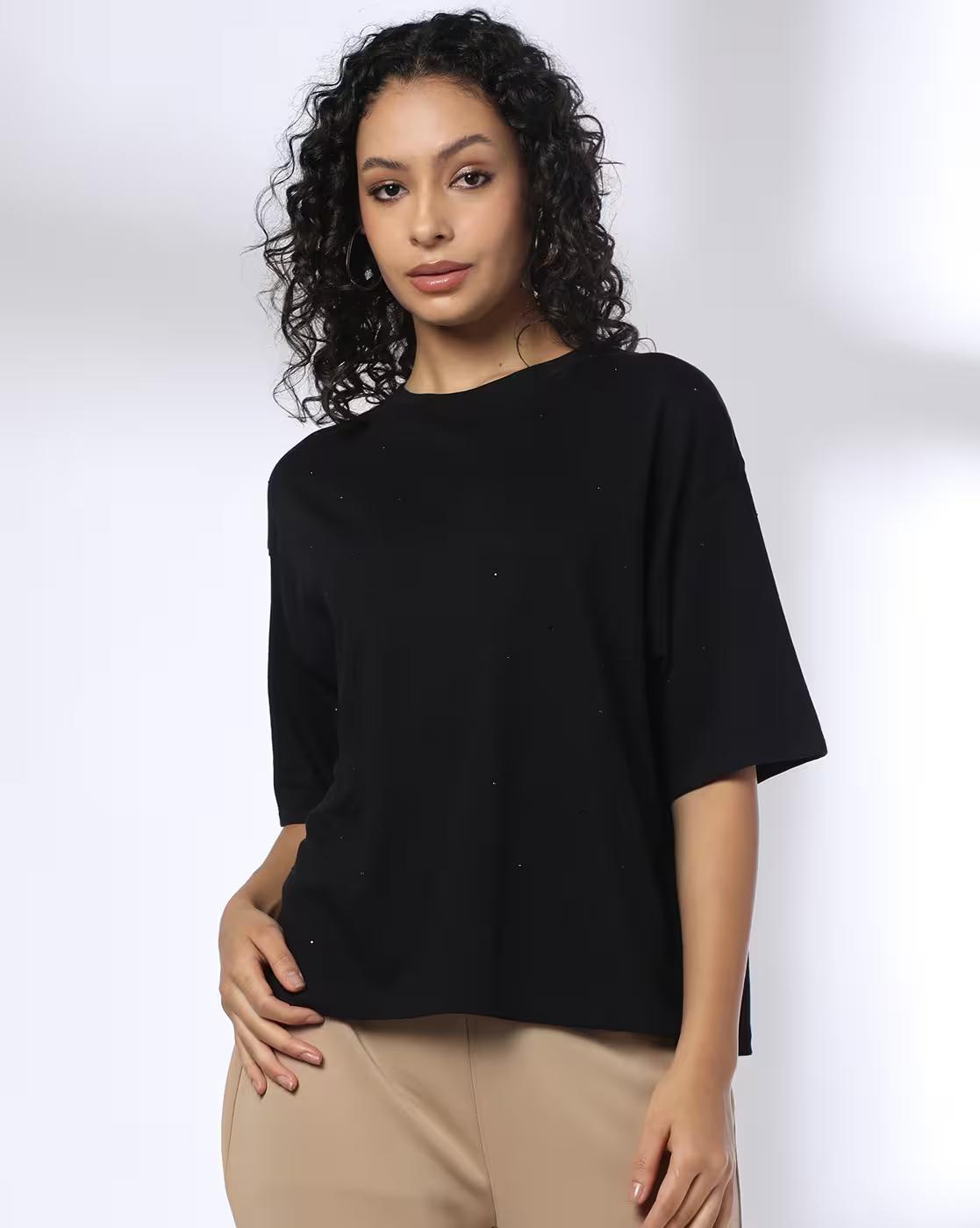 BOXY FIT RHINESTONE EMBELLISHE, BLACK, M