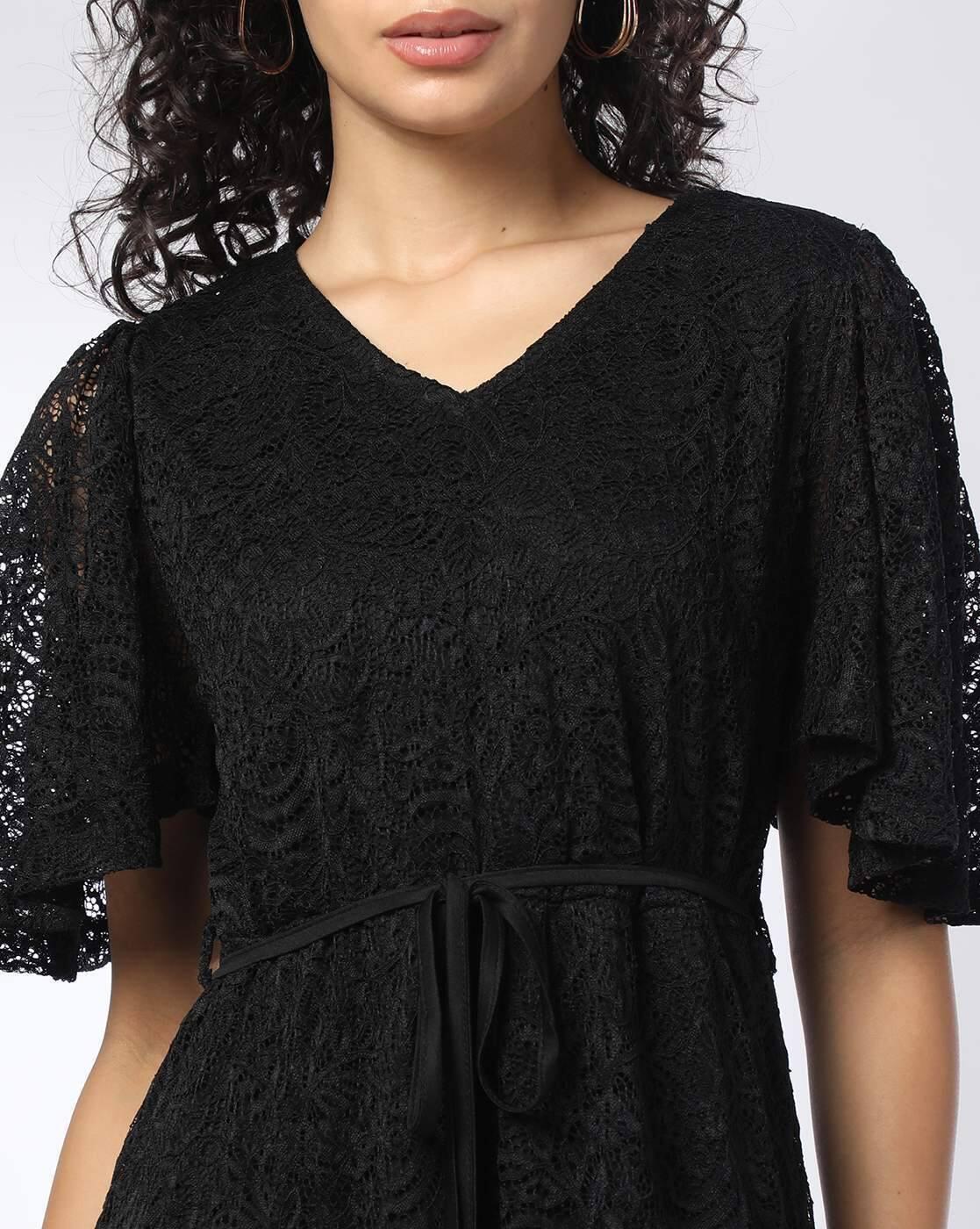 V neck Lace Dress with t, JET BLACK, XXL