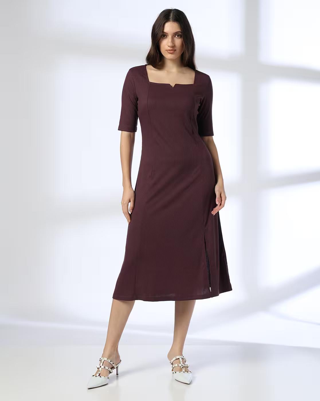 V Split Square Neck Dress, PURPLE, XL