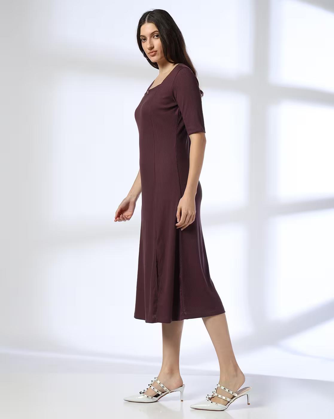 V Split Square Neck Dress, PURPLE, XL