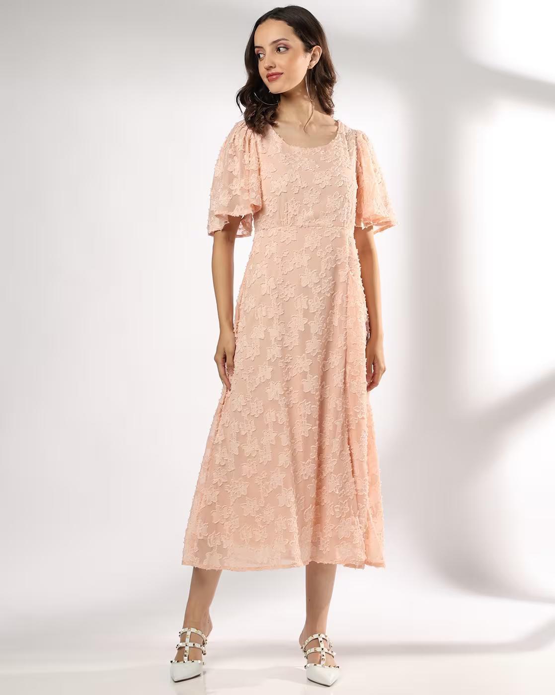 Scoop Neck Poly Jacquard dress, PEACH, S