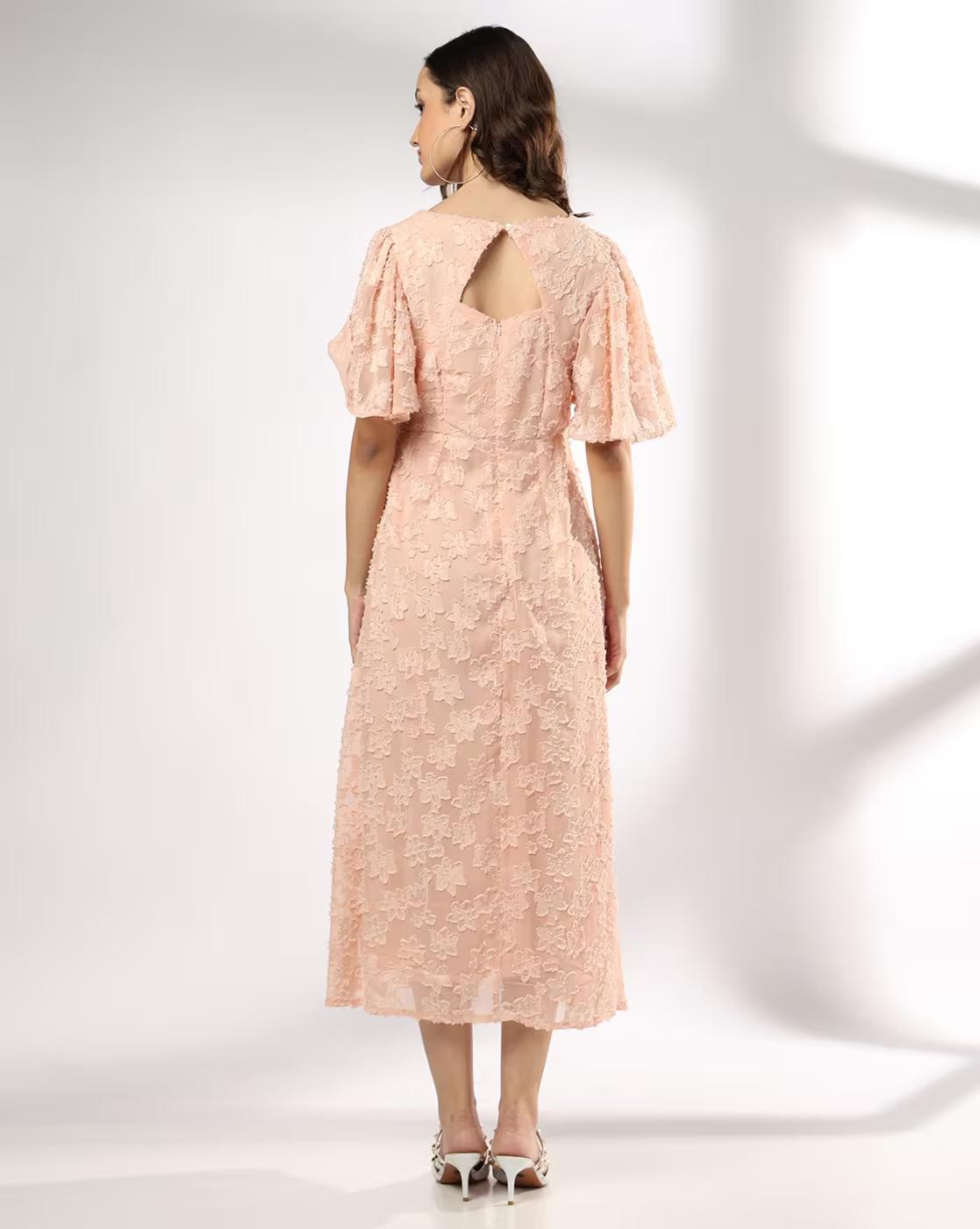 Scoop Neck Poly Jacquard dress, PEACH, S