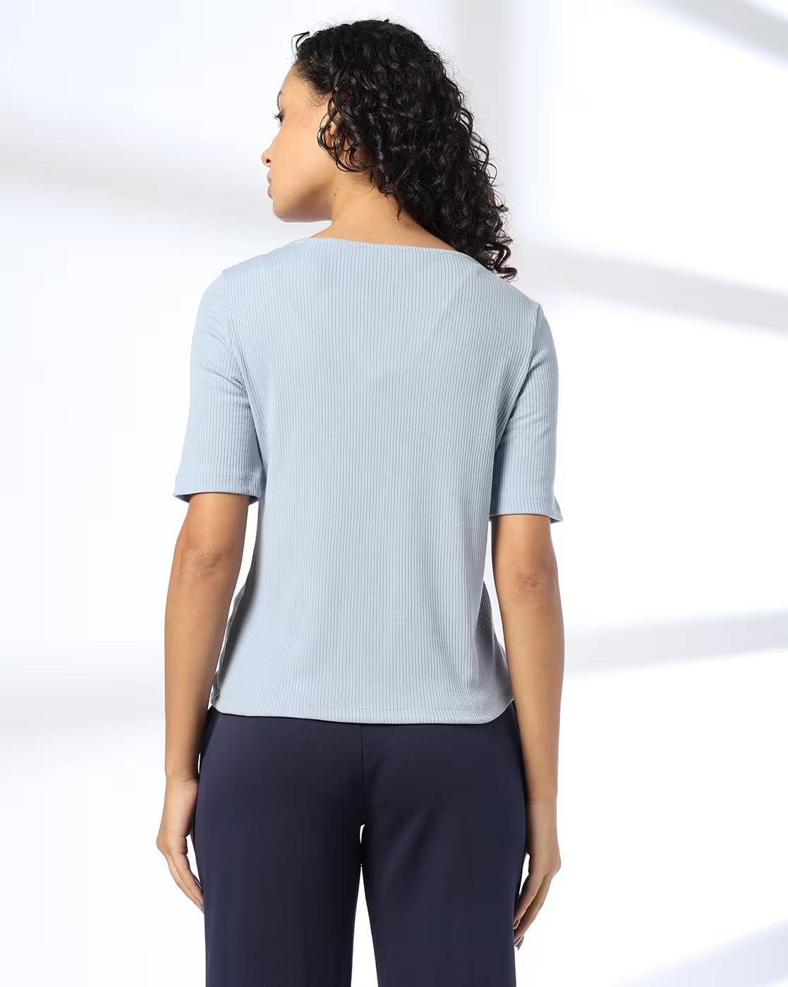 RIB T SHIRT WITH NOTCHED NECK, BLUE, XS