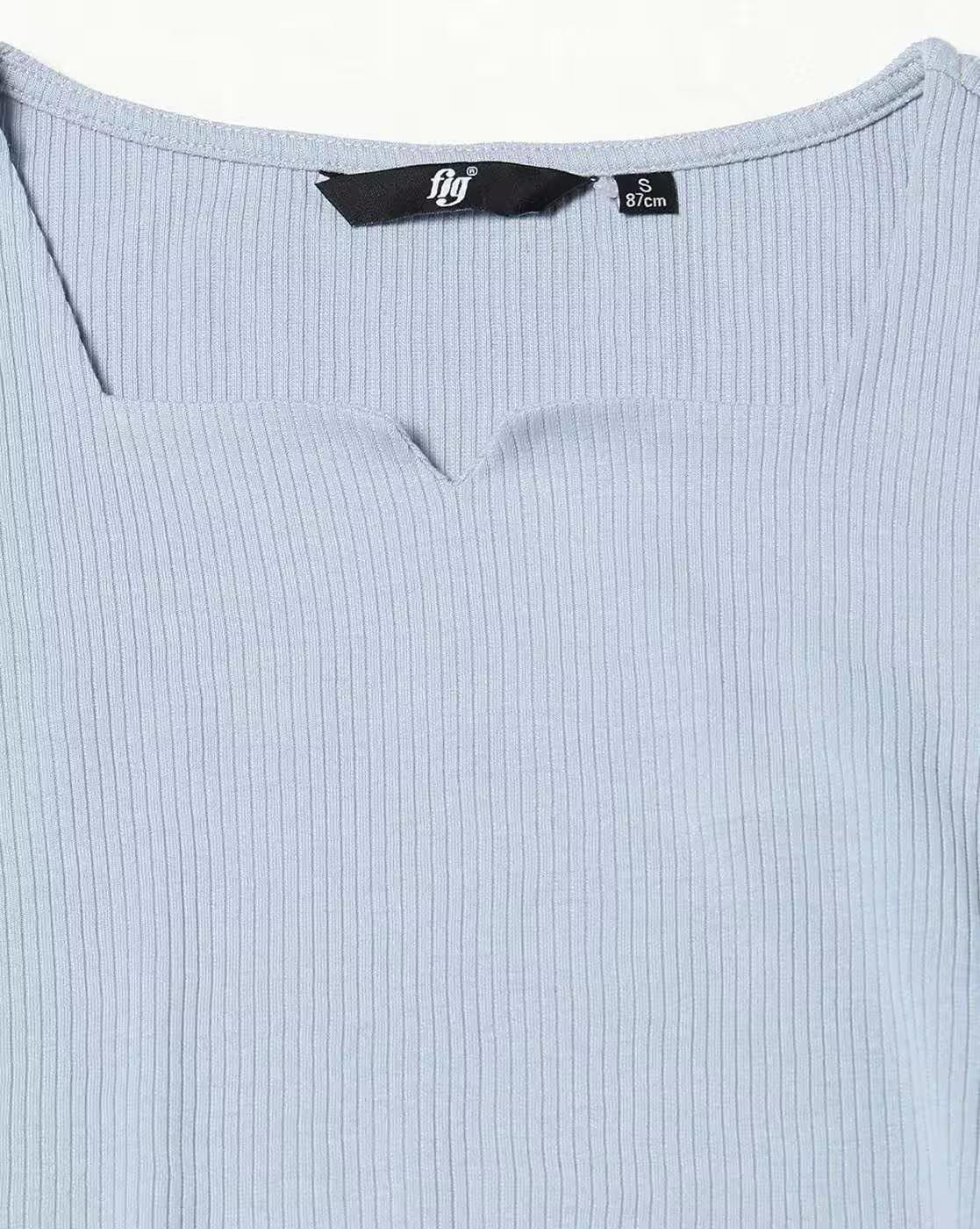 RIB T SHIRT WITH NOTCHED NECK, BLUE, XS