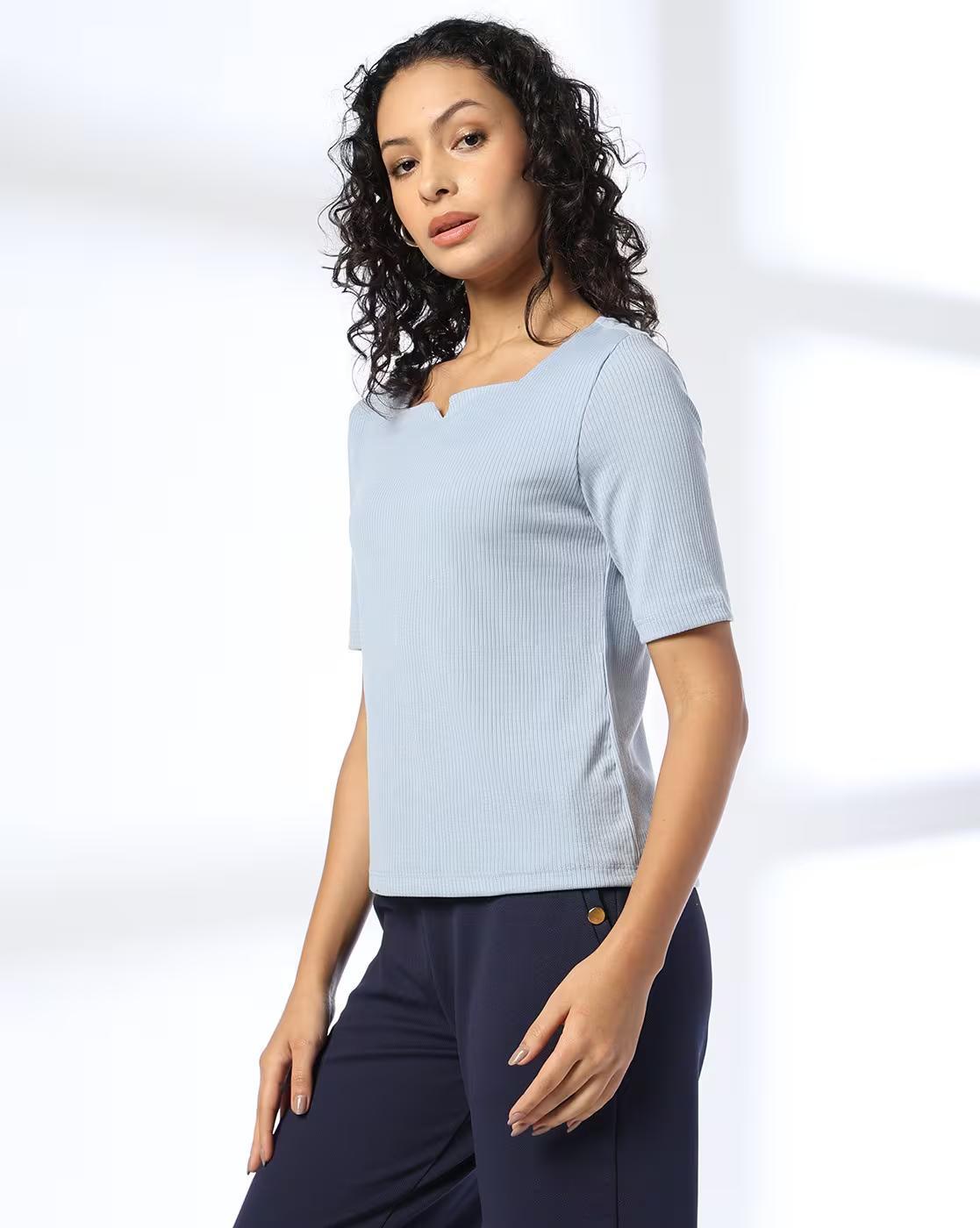 RIB T SHIRT WITH NOTCHED NECK, BLUE, XS