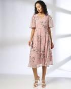 V NECK FLUTTER SLEEVE AOP DRES, PINK, XL