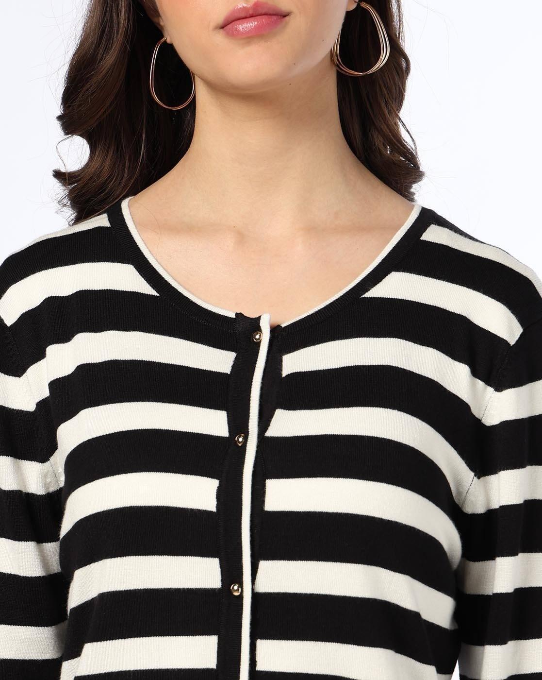 Women Striped Round-Neck Cardigan
