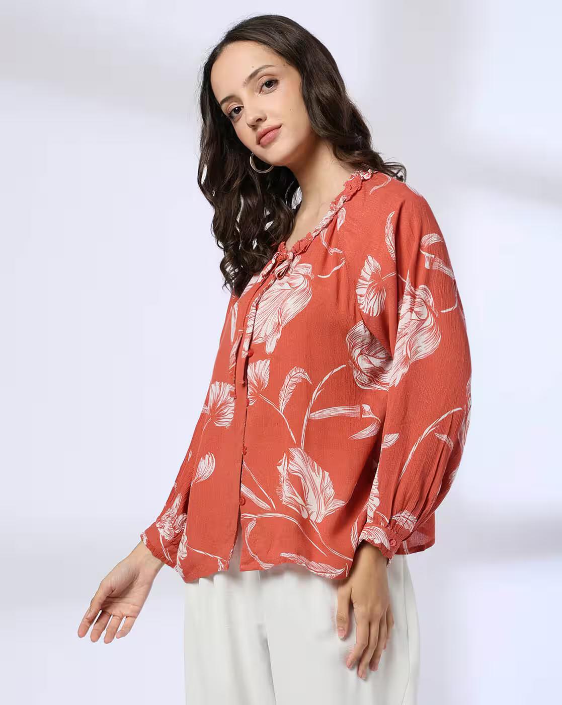 Floral print rgln slv neck tie, RUST, M
