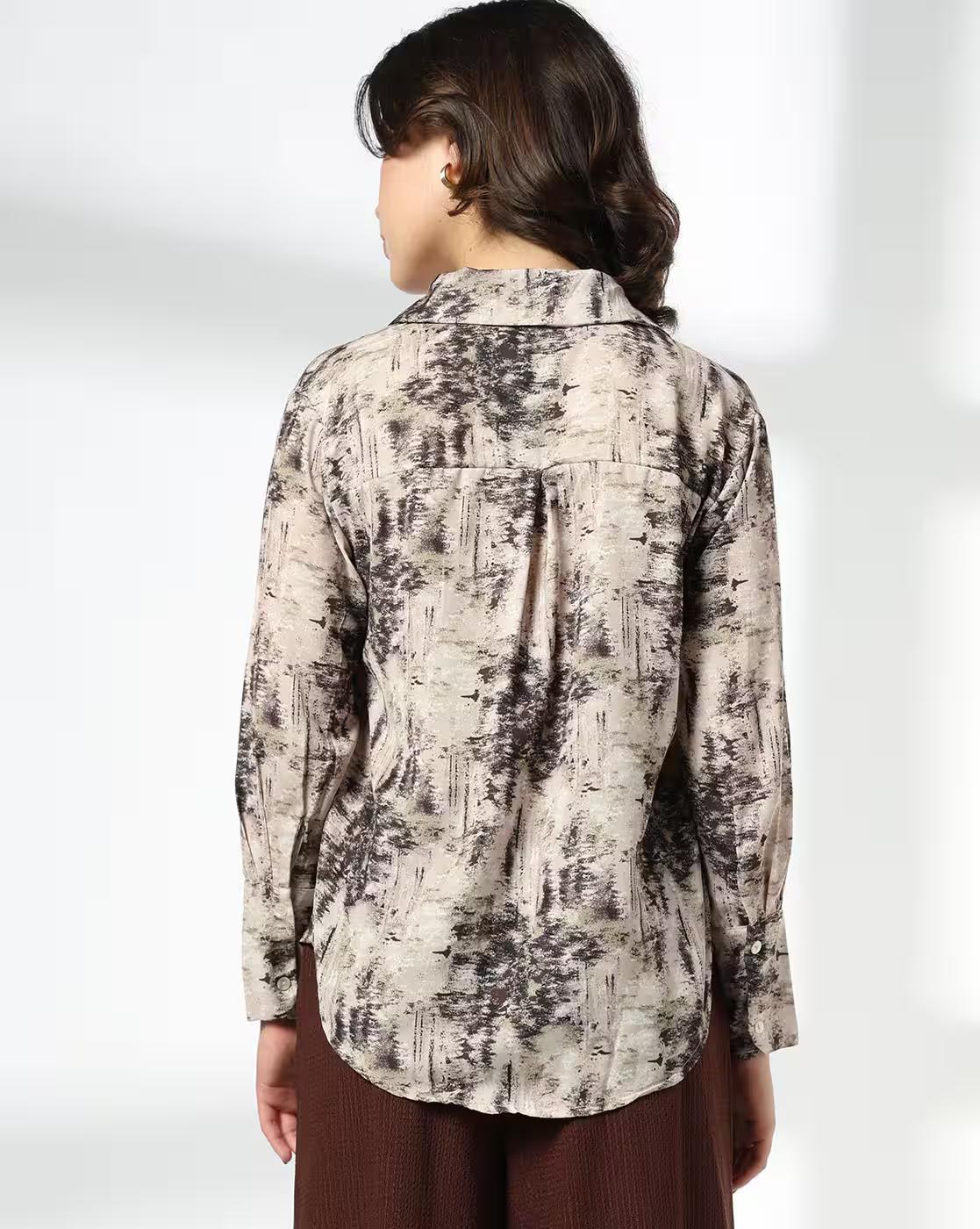 Satin Floral printed shirt, BEIGE, L