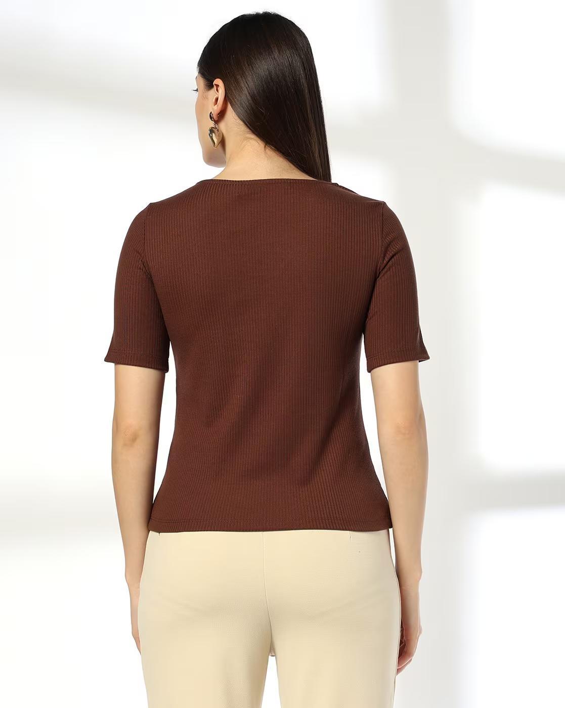 V NOTCH NECK KNIT TOP, BROWN, S