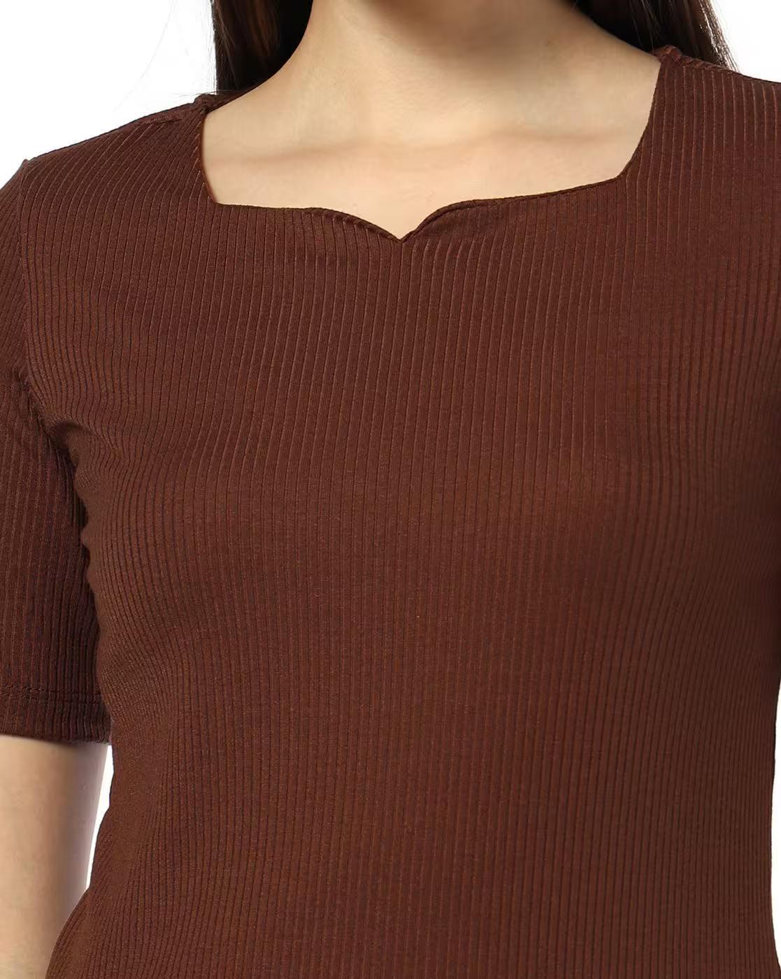 V NOTCH NECK KNIT TOP, BROWN, S