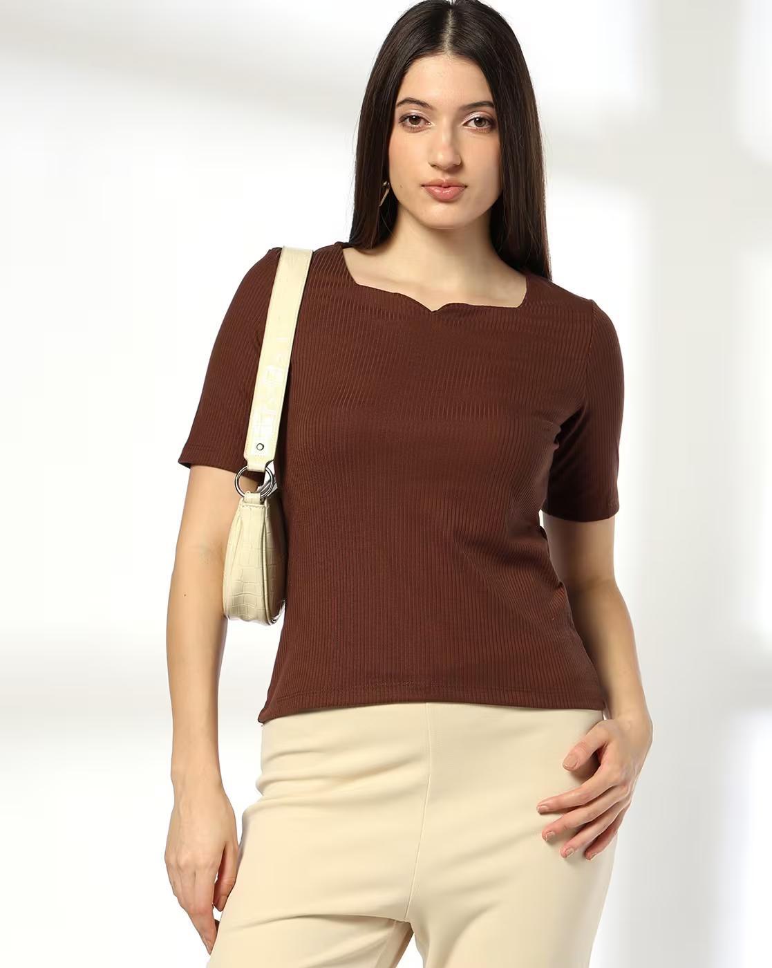 V NOTCH NECK KNIT TOP, BROWN, S