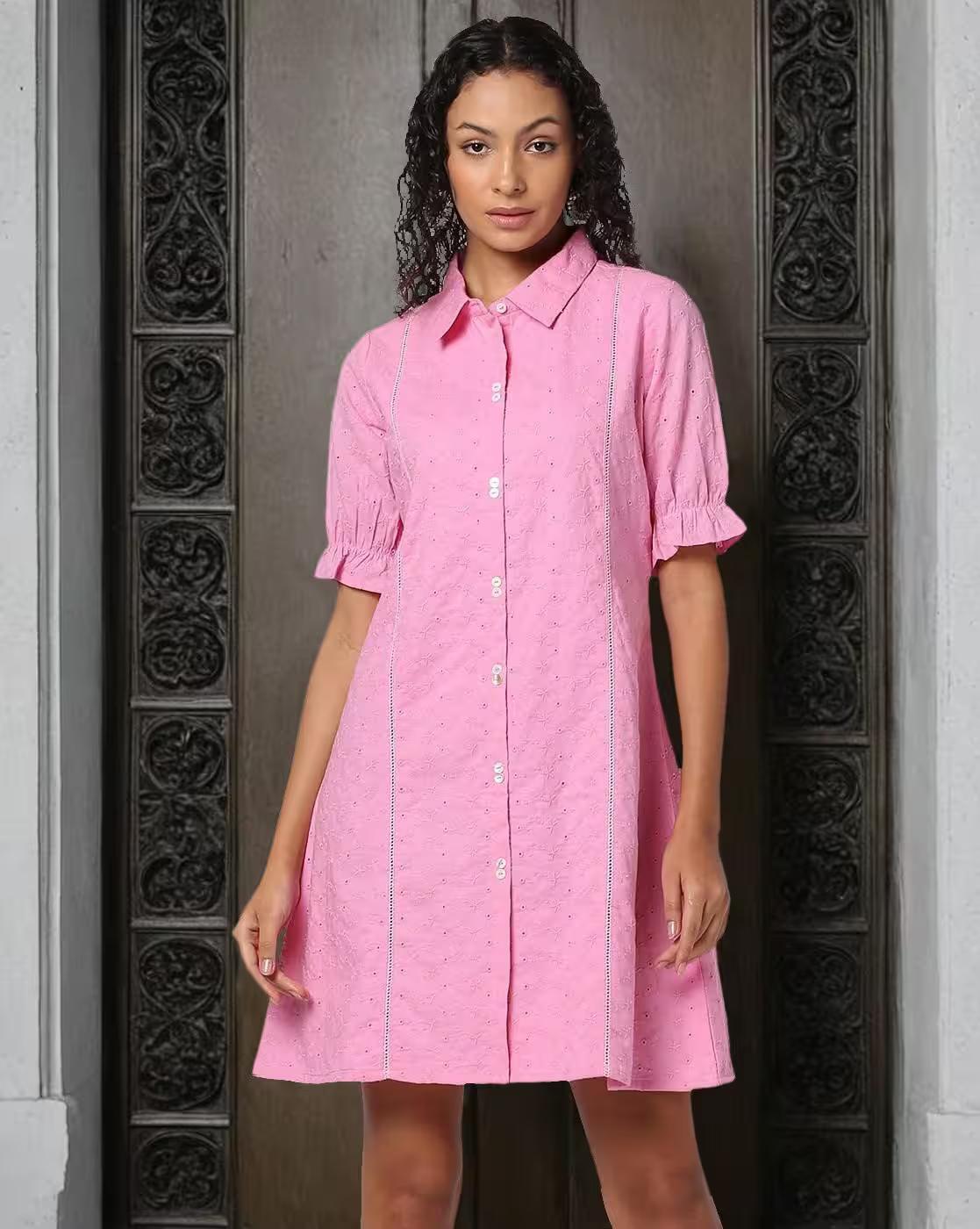 BUTTON DOWN COLLARED DRESS, LT. PINK, XS