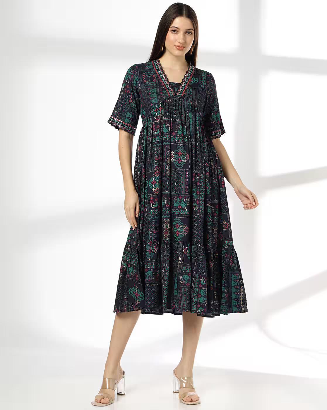 Patch printed dress, NAVY, S