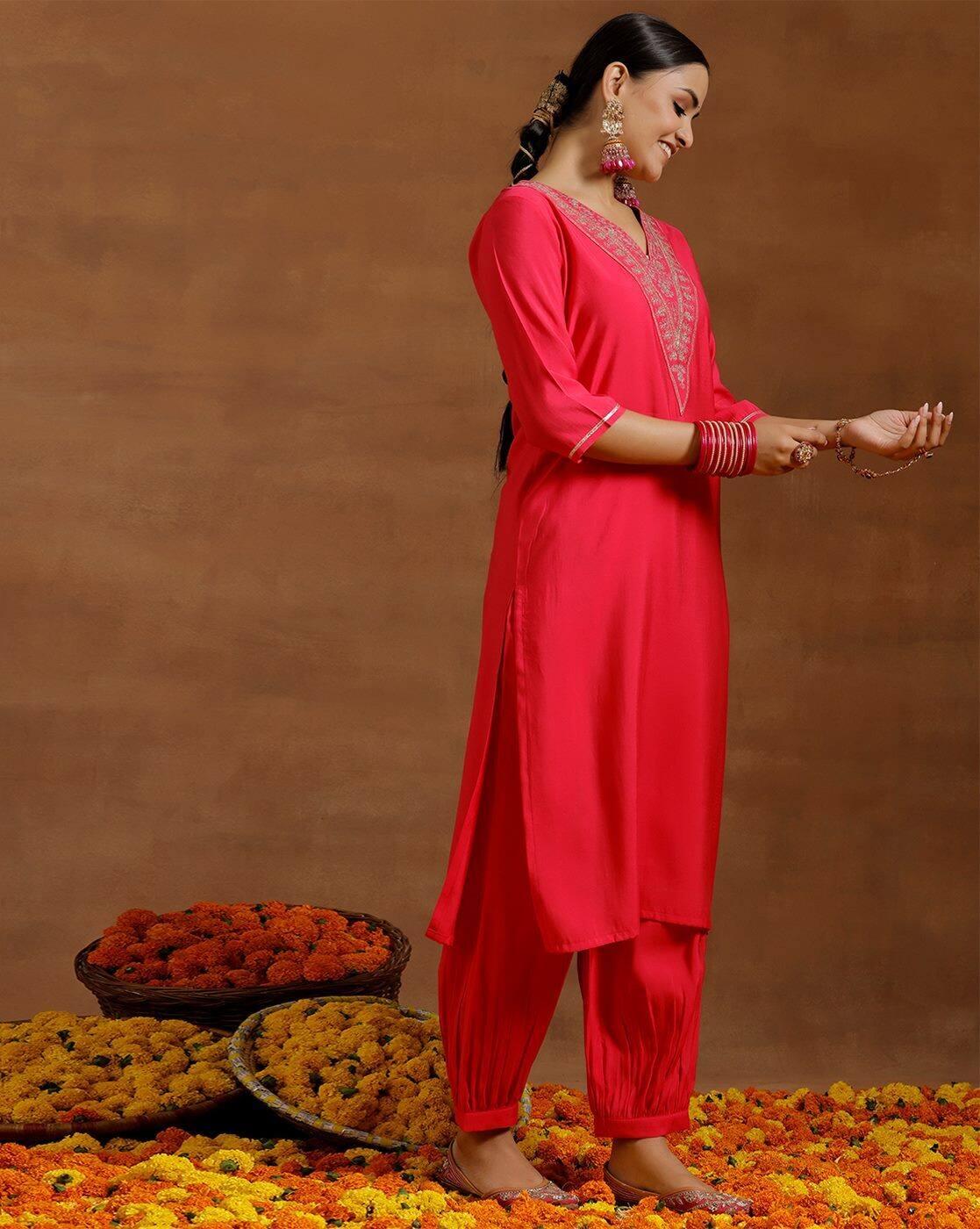 Pink yoke design straight kurta, PINK, M