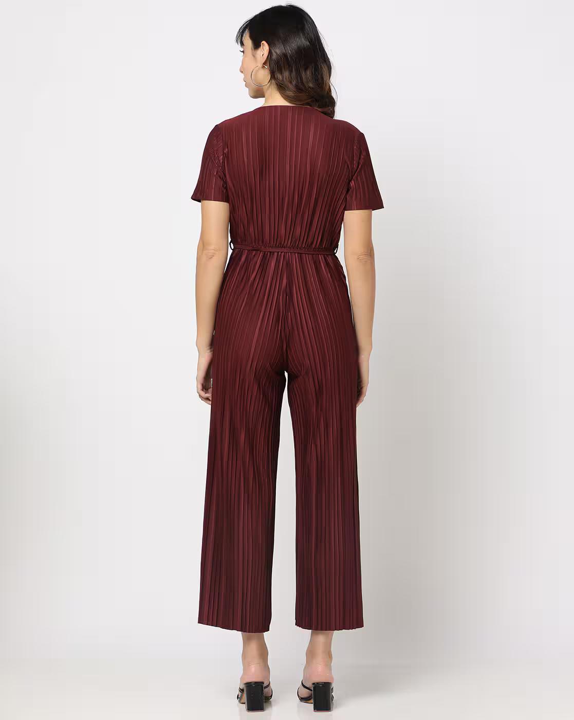 Women Pleated Jumpsuit with Waist Tie-Up
