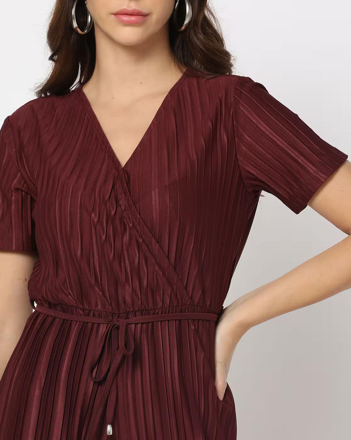 Women Pleated Jumpsuit with Waist Tie-Up