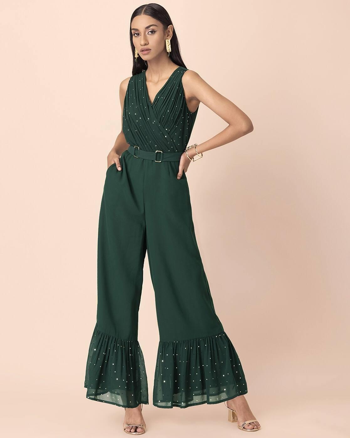 Foil Print Ruffled Belted Jumpsuit