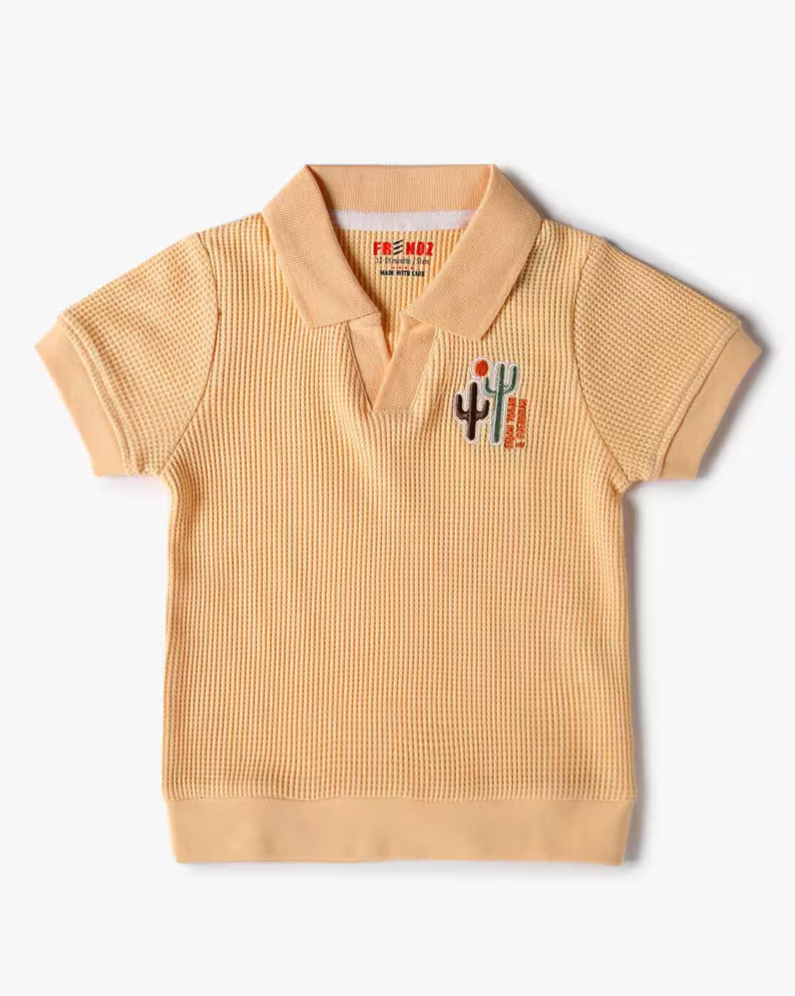 WAFFLE T SHIRT WITH EMBRO, YELLOW, 6-12M