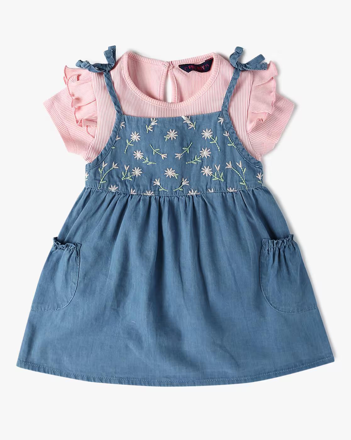 EMBROIDERED DUNGAREE DRESS, BLUE, 6-12M