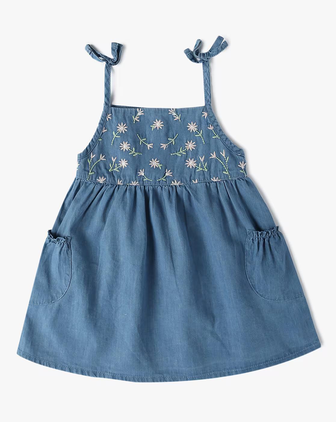 EMBROIDERED DUNGAREE DRESS, BLUE, 6-12M