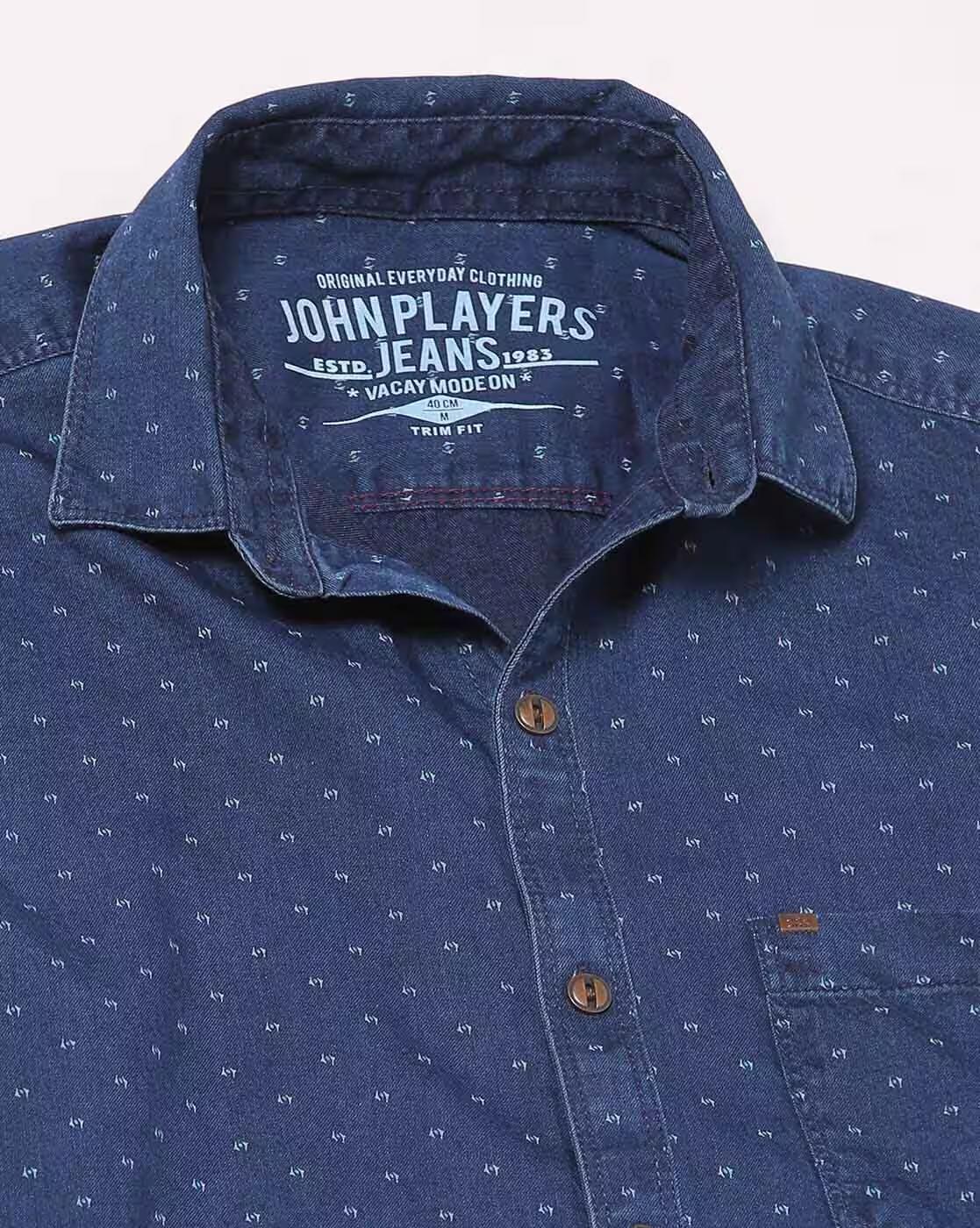 Men Micro Print Denim Slim Fit Shirt