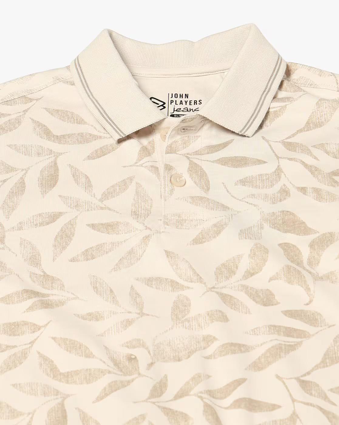 Men Leaf Print Slim Fit Polo Cotton T-Shirt