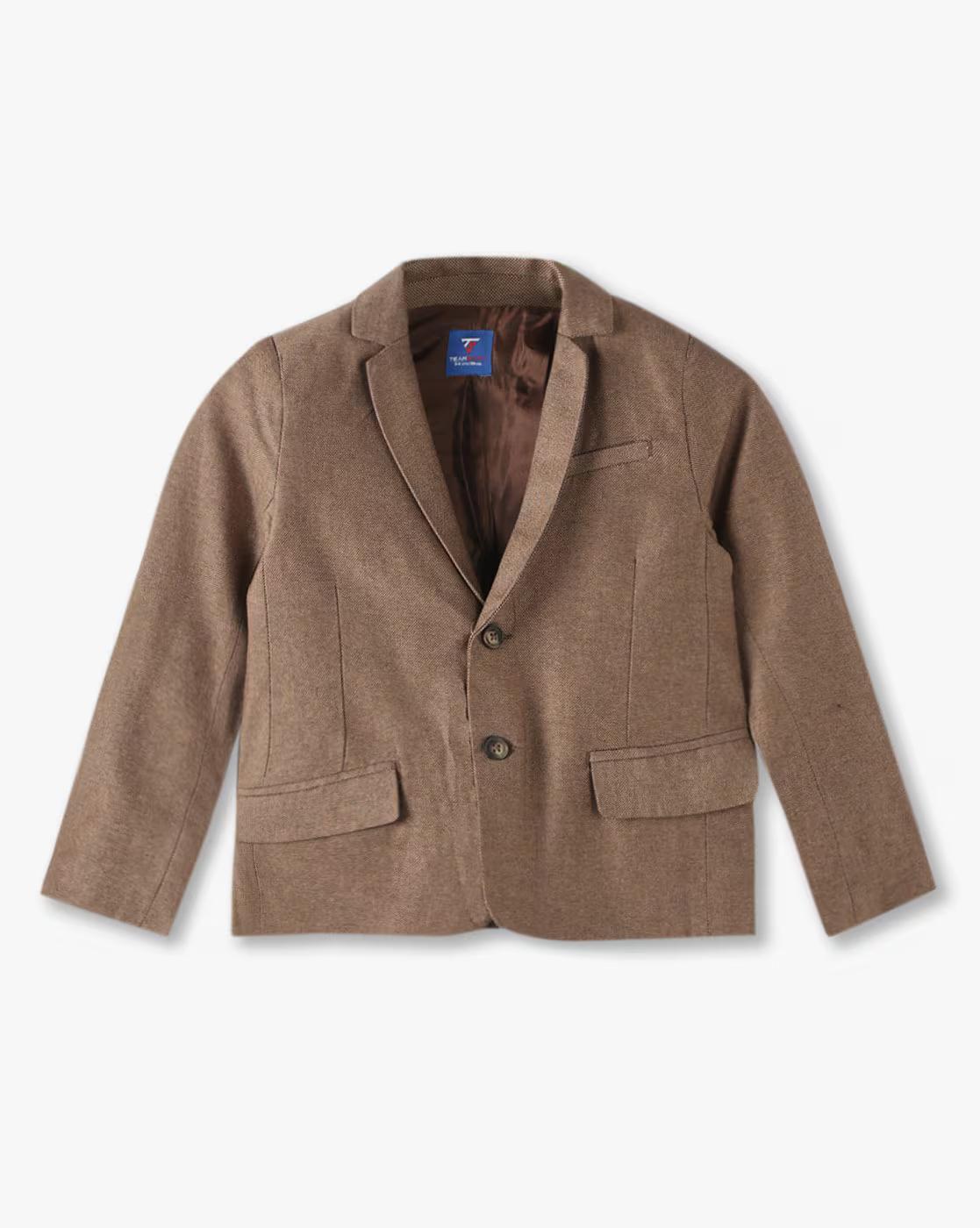 Solid Slim Fit Blazer, BROWN, 7-8Y
