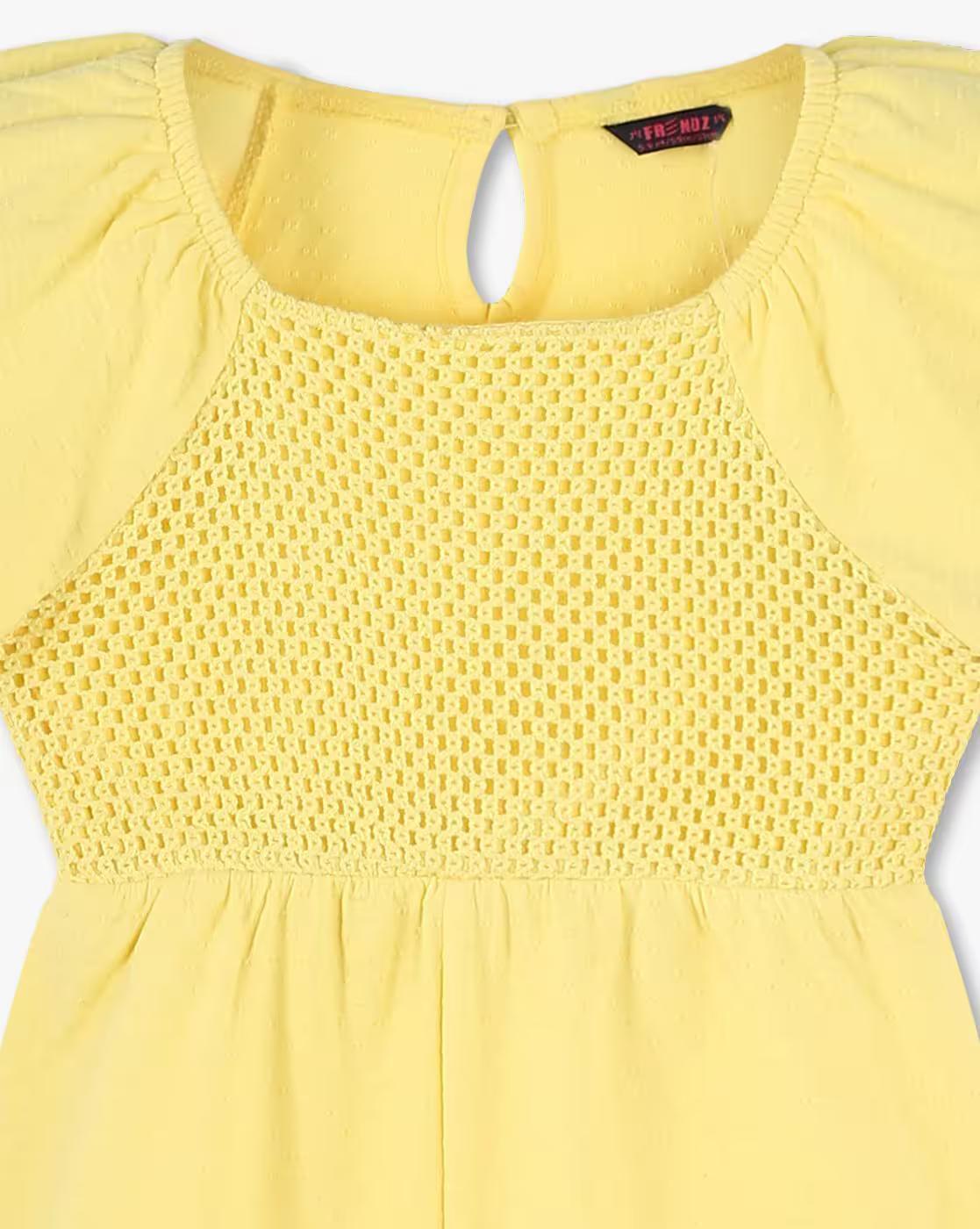 CROCHET YOKE ROMPER WITH P, YELLOW, 3-4Y