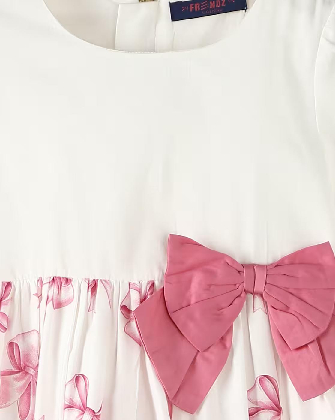 Printed Dress with 3d bow, WHITE, 3-4Y
