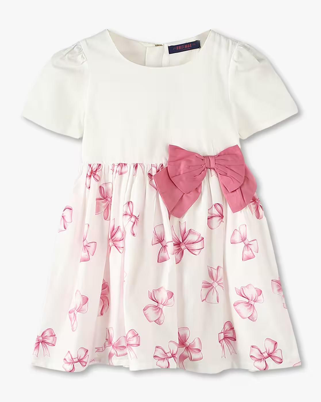 Printed Dress with 3d bow, WHITE, 3-4Y