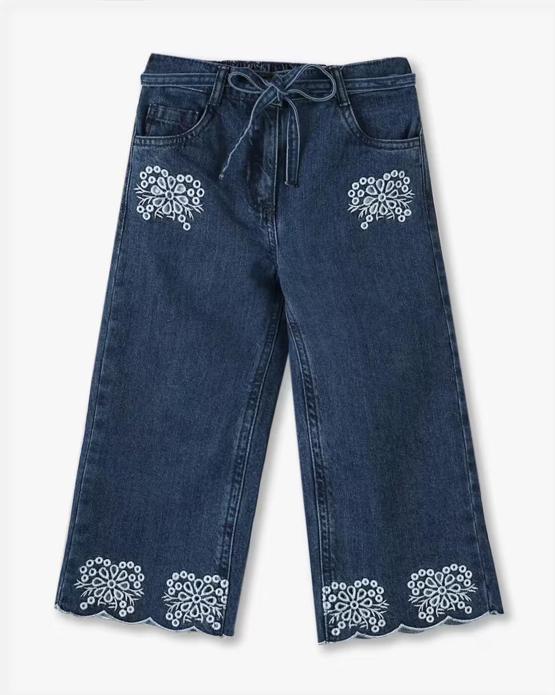 SCALLOP EMBROIDERY JEANS, BLUE, 7-8Y